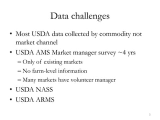 Data challenges
•  Most USDA data collected by commodity not
market channel
•  USDA AMS Market manager survey ~4 yrs
– Only of existing markets
– No farm-level information
– Many markets have volunteer manager
•  USDA NASS
•  USDA ARMS
3
 