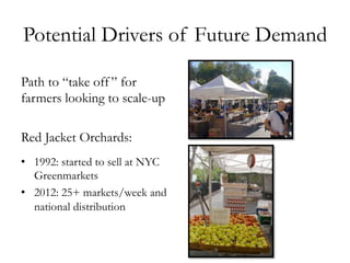 Potential Drivers of Future Demand
Path to “take off” for
farmers looking to scale-up
Red Jacket Orchards:
•  1992: started to sell at NYC
Greenmarkets
•  2012: 25+ markets/week and
national distribution
 