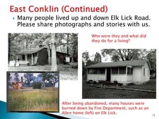 

Many people lived up and down Elk Lick Road.
Please share photographs and stories with us.
Who were they and what did
they do for a living?

After being abandoned, many houses were
burned down by Fire Department, such as an
Allen home (left) on Elk Lick.

15

 