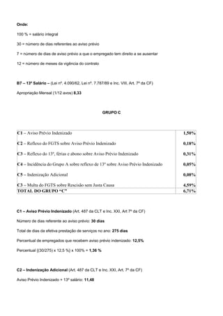Onde: 
100 % = salário integral 
30 = número de dias referentes ao aviso prévio 
7 = número de dias de aviso prévio a que o empregado tem direito a se ausentar 
12 = número de meses da vigência do contrato 
B7 – 13º Salário – (Lei nº. 4.090/62, Lei nº. 7.787/89 e Inc. VIII, Art. 7º da CF) 
Apropriação Mensal (1/12 avos) 8,33 
GRUPO C 
C1 – Aviso Prévio Indenizado 
C2 – Reflexo do FGTS sobre Aviso Prévio Indenizado 
C3 – Reflexo do 13º, férias e abono sobre Aviso Prévio Indenizado 
C4 – Incidência do Grupo A sobre reflexo de 13º sobre Aviso Prévio Indenizado 
C5 – Indenização Adicional 
C3 – Multa do FGTS sobre Rescisão sem Justa Causa 
1,50% 
0,18% 
0,31% 
0,05% 
0,08% 
4,59% 
TOTAL DO GRUPO “C” 6,71% 
C1 – Aviso Prévio Indenizado (Art. 487 da CLT e Inc. XXI, Art 7º da CF) 
Número de dias referente ao aviso prévio: 30 dias 
Total de dias da efetiva prestação de serviços no ano: 275 dias 
Percentual de empregados que recebem aviso prévio indenizado: 12,5% 
Percentual {(30/275) x 12,5 %} x 100% = 1,36 % 
C2 – Indenização Adicional (Art. 487 da CLT e Inc. XXI, Art. 7º da CF) 
Aviso Prévio Indenizado + 13º salário: 11,48 
 