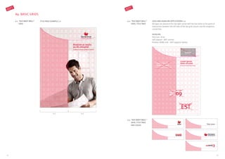 LOGO AND HEADLINE APPLICATIONS 1:2
All logos are placed in the top right corner with the last letter at the point of
intersection between the left side of the last grid column and the imaginary
curved line.
HEADLINE
Font size: 26 pt
Left-aligned – NOT centred
Positive (SDBG red) – NOT negative (white)
9.2. “RED WAVY WALL”
GRID, TITLE PAGE
9.3. “RED WAVY WALL” 	
GRID, TITLE PAGE
AND LOGOS
9.1. “RED WAVY WALL”
GRID
A9. BASIC GRIDS
TITLE PAGE EXAMPLE 1:2
1:2 1:2
CORPORATE
DESIGN 2.0
CORPORATE
DESIGN 2.0
Lorem ipsum dolor
EST
Lorem ipsum dolor
2009
Beatiam as explis
pa dis doluptat
Luptates quis sam gendipsa dendaer
Logo
Lorem ipsum
dolor sit amet
At vero eos et accusam et justo
Lorem ipsum
dolor sit amet
At vero eos et accusam et justo
4544
 