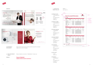 1.6.FONT FOR PRODUCT
NAMES
EXAMPLE
Product headlines are written in “MetaMedium”, mixed case.
Thema CONDENS
Caldaia murale da esterni istantanea
ILLUSTRATIONS /
PHOTOGRAPHY
EXAMPLES
4
8
3
Image material may be placed anywhere within the grid for text pages.
Images may run into the margins.
2
6
3
2
1
2
5
1
3
2
1
6
7
SCALE 1:2
210 x 297 mm
1.7. MASTER FOR
SHORT PRICE LIST
PRODUCT INFO
- “FF MetaMedium”
- 26 pt
- line spacing 26 pt
- tracking + 0
- SDBG red
PRODUCT NAME
- “FF MetaMedium”
- 14 pt
- line spacing 16 pt
- tracking + 0
- SDBG red
CHART HEADLINE
- “FF MetaBold”
- 7.5 pt
- line spacing 11 pt
- tracking + 0
- White
CHART CONTENT
- “FF MetaBook”
- 7.5 pt
- line spacing 11 pt
- tracking + 0
- 90% black
FOOTNOTES
- “FF MetaBook”
- 6 pt
- line spacing 8 pt
- tracking + 0
- 90% black
“RED LINE”
- 1.5 pt
- SDBG red
ADDRESS
- “FF MetaBook”
- 8 pt
- line spacing 11 pt
- tracking + 0
- 70% black
15 mm
5 mm
4 mm SDBG red
4 mm 20% black
4 mm 10% black
0.5 pt black
21 mm
20.5 mm
17.25
mm
14.5 mm
11.5 mm
7 mm
3.5 mm
1
1
2
2
3
3
4
4
5 7
6
5
6
7
CORPORATE
DESIGN 2.0
CORPORATE
DESIGN 2.0
9594
 