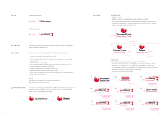 1514
Glow-worm example:
Protherm example:
3.7. B/W LOGO For every logo, there is a version in shades of grey as well as a black-and-
white version (see chapter 3.2).
There is a 1c version of every logo for the following areas of use:
- 1c print: coarse outer packaging / XXL boxes
- 1c print: franking machine, fax, templates for duplication – e.g. through
photocopying
- adhesive film cut-outs, inlays
- print finishing of film templates (relief and hollow embossing, film em-
bossing, overprint varnishing, stamping)
- cutters for materials such as metal, plastic, etc.
- template for flocking and embroidering textiles
- use of logo as a negative on a coloured background (e.g. white logo on a
Pantone 186c background)
Don’ts:
Do not use the 1c logo for 4c printing unnecessarily
(e.g. brochure titles, adverts, etc.)
As well as a vertical logo, Saunier Duval and Bulex have a horizontal logo. The
dimensions of the logotype and icon in relation to one another remain the
same. They are just differently arranged.
3.8. 1C LOGO
3.9. HORIZONTAL LOGO
3.6. SIZE
min. 4 mm
min. 4 mm
3.10. CLAIM VERTICAL LOGO
- The claim is red
- There is a gap of 1/2 x between the claim and Saunier Duval
- The font size can be varied and is determined by the length of the claim in 	
	 the different languages = the claim should be the same length as “Saunier 	
	 Duval” (“Hermann Saunier Duval” for IT)
EXCEPTIONS
- The claim may not be larger than 2/3 x (see ES and AT)
- The claim should not be the same length as “Bulex” and “awb”; it should 	
	 always be 2/3 x instead (incl. ascenders and descenders) (see BE, NL)
- For “Protherm”, the claim is integrated into the logo and should be justified 	
	 left below “Protherm”; the font size can be varied
- The claim is centred below the logo
Always at your side
1/2 x
Size can be varied
CZ
Size can be varied; however,
it should be harmoniously
integrated into the logo
1/3 x
IT NL
Size always 2/3 x
1/3 x
UK
1/2 x
RU
Size can be varied; however,
it should be harmoniously
integrated into the logo
1/3 x
SK
Size can be varied; however,
it should be harmoniously
integrated into the logo
1/3 x
UA
Size can be varied; however,
it should be harmoniously
integrated into the logo
1/3 x
CN
Size can be varied; however,
it should be harmoniously
integrated into the logo
1/3 x
LT
Size can be varied; however,
it should be harmoniously
integrated into the logo
1/3 x
ES
Size always 2/3 x
1/2 x
Size always 2/3 x
1/2 x
BE
 