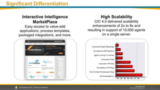 Significant Differentiation
High Scalability
CIC 4.0 delivered scalability
enhancements of 2x to 8x and
resulting in support of 10,000 agents
on a single server.
Interactive Intelligence
MarketPlace
Easy access to value-add
applications, process templates,
packaged integrations, and more.
 
