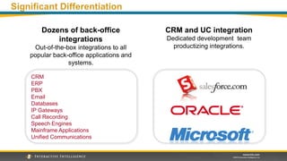 Significant Differentiation
CRM and UC integration
Dedicated development team
productizing integrations.
Dozens of back-office
integrations
Out-of-the-box integrations to all
popular back-office applications and
systems.
CRM
ERP
PBX
Email
Databases
IP Gateways
Call Recording
Speech Engines
Mainframe Applications
Unified Communications
 