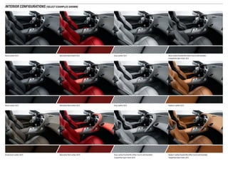 InterIor confIgurAtIons (seLect exAmPLes shown)

black Leather (1Lt)

adrenaline red Leather (1Lt)

gray Leather (1Lt)

black Leather/sueded microfiber inserts with available
competition sport seats (1Lt)

black Leather (2Lt)

adrenaline red Leather (2Lt)

gray Leather (2Lt)

kalahari Leather (2Lt)

brownstone Leather (3Lt)

adrenaline red Leather (3Lt)

gray Leather/sueded microfiber inserts with available
competition sport seats (3Lt)

kalahari Leather/sueded microfiber inserts with available
competition sport seats (3Lt)

 