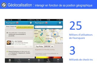 Géolocalisation : interagir en fonction de sa position géographique
25Millions d’utilisateurs
de Foursquare
3Milliards de check-ins
 