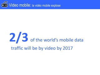 Video mobile: la vidéo mobile explose
2/3 of the world’s mobile data
traffic will be by video by 2017
 