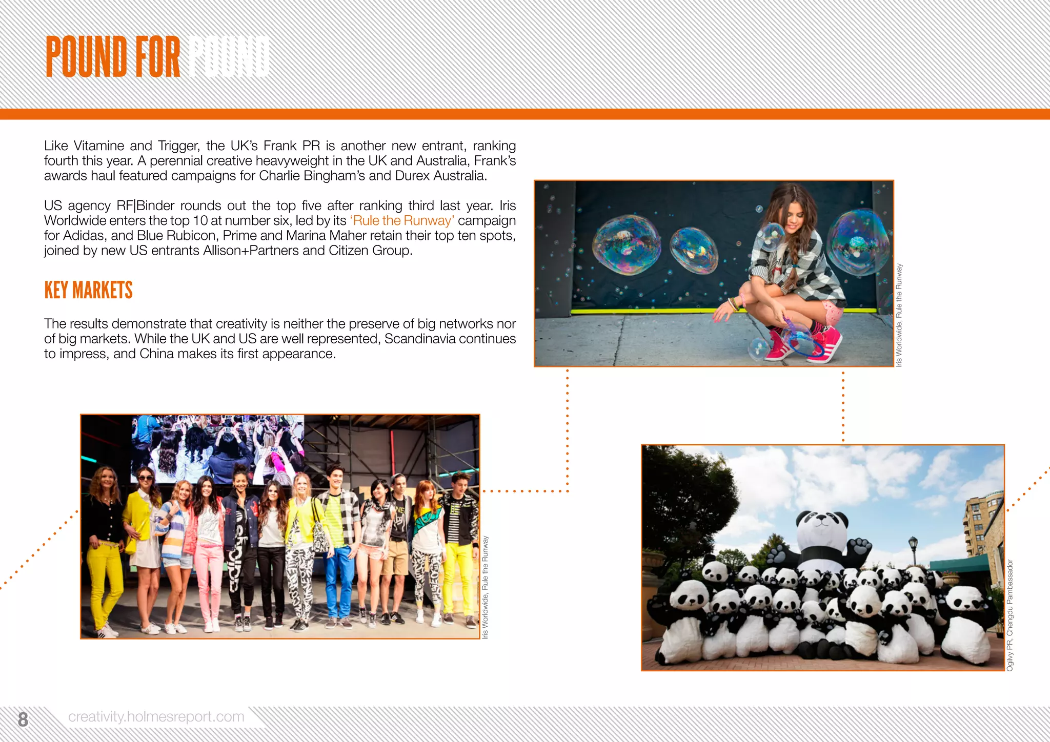 POUND FOR POUND 
Like Vitamine and Trigger, the UK’s Frank PR is another new entrant, ranking 
fourth this year. A perennial creative heavyweight in the UK and Australia, Frank’s 
awards haul featured campaigns for Charlie Bingham’s and Durex Australia. 
US agency RF|Binder rounds out the top five after ranking third last year. Iris 
Worldwide enters the top 10 at number six, led by its ‘Rule the Runway’ campaign 
for Adidas, and Blue Rubicon, Prime and Marina Maher retain their top ten spots, 
joined by new US entrants Allison+Partners and Citizen Group. 
KEY MARKETS 
The results demonstrate that creativity is neither the preserve of big networks nor 
of big markets. While the UK and US are well represented, Scandinavia continues 
to impress, and China makes its first appearance. 
88 creativity.holmesreport.com 
Ogilvy PR, Chengdu Pambassador 
Iris Worldwide, Rule the Runway 
Iris Worldwide, Rule the Runway 
 