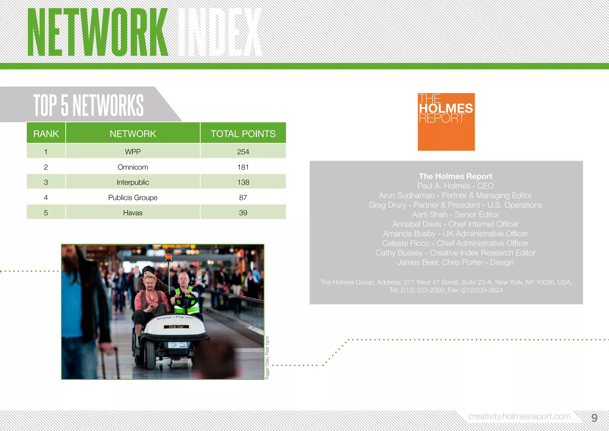 creativity.holmesreport.com 99 
NETWORK INDEX 
TOP 5 NETWORKS 
The Holmes Report 
Paul A. Holmes - CEO 
Arun Sudhaman - Partner & Managing Editor 
Greg Drury - Partner & President - U.S. Operations 
Aarti Shah - Senior Editor 
Annabel Davis - Chief Internet Officer 
Amanda Busby - UK Administrative Officer 
Celeste Picco - Chief Administrative Officer 
Cathy Bussey - Creative Index Research Editor 
James Beer, Chris Porter - Design 
The Holmes Group, Address: 271 West 47 Street, Suite 23-A, New York, NY 10036, USA, 
Tel: (212) 333-2300; Fax: (212)333-2624 
RANK NETWORK TOTAL POINTS 
1 WPP 254 
2 Omnicom 181 
3 Interpublic 138 
4 Publicis Groupe 87 
5 Havas 39 
Trigger Oslo, Peer Gynt 

