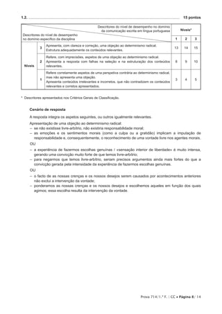 Prova 714/1.ª F. | CC • Página 8/ 14
1.2. ..................................................................................................................................................	 15 pontos
Descritores do nível de desempenho no domínio
da comunicação escrita em língua portuguesa
Descritores do nível de desempenho
no domínio específico da disciplina
Níveis*
1 2 3
Níveis
3
Apresenta, com clareza e correção, uma objeção ao determinismo radical.
Estrutura adequadamente os conteúdos relevantes.
13 14 15
2
Refere, com imprecisões, aspetos de uma objeção ao determinismo radical.
Apresenta a resposta com falhas na seleção e na estruturação dos conteúdos
relevantes.
8 9 10
1
Refere corretamente aspetos de uma perspetiva contrária ao determinismo radical,
mas não apresenta uma objeção.
Apresenta conteúdos irrelevantes e incorretos, que não contradizem os conteúdos
relevantes e corretos apresentados.
3 4 5
* Descritores apresentados nos Critérios Gerais de Classificação.
Cenário de resposta
A resposta integra os aspetos seguintes, ou outros igualmente relevantes.
Apresentação de uma objeção ao determinismo radical:
–– se não existisse livre-arbítrio, não existiria responsabilidade moral;
–– as emoções e os sentimentos morais (como a culpa ou a gratidão) implicam a imputação de
responsabilidade e, consequentemente, o reconhecimento de uma vontade livre nos agentes morais.
OU
–– a experiência de fazermos escolhas genuínas / «sensação interior de liberdade» é muito intensa,
gerando uma convicção muito forte de que temos livre-arbítrio;
–– para negarmos que temos livre-arbítrio, seriam precisos argumentos ainda mais fortes do que a
convicção gerada pela intensidade da experiência de fazermos escolhas genuínas.
OU
–– o facto de as nossas crenças e os nossos desejos serem causados por acontecimentos anteriores
não exclui a intervenção da vontade;
–– ponderamos as nossas crenças e os nossos desejos e escolhemos aqueles em função dos quais
agimos; essa escolha resulta da intervenção da vontade.
 