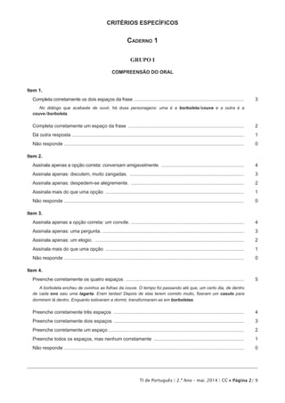 TI de Português | 2.º Ano – mai. 2014 | CC • Página 2/ 9
critérios ESPECÍFICOS
Caderno 1
GRUPO I
COMPREENSÃO DO ORAL
Item 1.
Completa corretamente os dois espaços da frase....................................................................................	3
No diálogo que acabaste de ouvir, há duas personagens: uma é a borboleta/couve e a outra é a
couve/borboleta.
Completa corretamente um espaço da frase ........................................................................................	2
Dá outra resposta ..................................................................................................................................	1
Não responde ........................................................................................................................................	 0
Item 2.
Assinala apenas a opção correta: conversam amigavelmente. ...............................................................	4
Assinala apenas: discutem, muito zangadas. .......................................................................................	3
Assinala apenas: despedem-se alegremente. ......................................................................................	2
Assinala mais do que uma opção .........................................................................................................	1
Não responde ........................................................................................................................................	 0
Item 3.
Assinala apenas a opção correta: um convite. ......................................................................................	4
Assinala apenas: uma pergunta. ...........................................................................................................	3
Assinala apenas: um elogio. .................................................................................................................	2
Assinala mais do que uma opção .........................................................................................................	1
Não responde ........................................................................................................................................	 0
Item 4.
Preenche corretamente os quatro espaços ..........................................................................................	5
A borboleta encheu de ovinhos as folhas da couve. O tempo foi passando até que, um certo dia, de dentro
de cada ovo saiu uma lagarta. Eram tantas! Depois de elas terem comido muito, fizeram um casulo para
dormirem lá dentro. Enquanto estiveram a dormir, transformaram-se em borboletas.
Preenche corretamente três espaços ...................................................................................................	4
Preenche corretamente dois espaços ...................................................................................................	3
Preenche corretamente um espaço.......................................................................................................	2
Preenche todos os espaços, mas nenhum corretamente .....................................................................	1
Não responde ........................................................................................................................................	 0
 