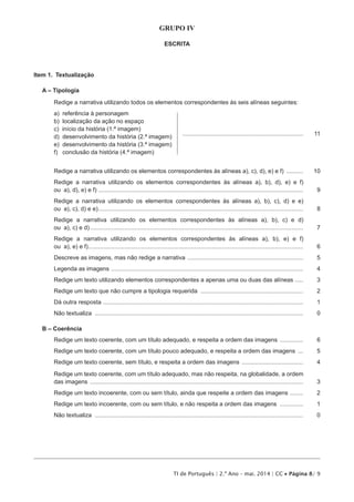 TI de Português | 2.º Ano – mai. 2014 | CC • Página 8/ 9
GRUPO IV
ESCRITA
Item 1.  Textualização
A – Tipologia
Redige a narrativa utilizando todos os elementos correspondentes às seis alíneas seguintes:
a) referência à personagem
b) localização da ação no espaço
c) início da história (1.ª imagem)
..........................................................................	 11
d) desenvolvimento da história (2.ª imagem)
e) desenvolvimento da história (3.ª imagem)
f) conclusão da história (4.ª imagem)
Redige a narrativa utilizando os elementos correspondentes às alíneas a), c), d), e) e f) ...........	 10
Redige a narrativa utilizando os elementos correspondentes às alíneas a), b), d), e) e f)
ou a), d), e) e f).............................................................................................................................	9
Redige a narrativa utilizando os elementos correspondentes às alíneas a), b), c), d) e e)
ou a), c), d) e e).............................................................................................................................	8
Redige a narrativa utilizando os elementos correspondentes às alíneas a), b), c) e d)
ou a), c) e d)..................................................................................................................................	7
Redige a narrativa utilizando os elementos correspondentes às alíneas a), b), e) e f)
ou a), e) e f)...................................................................................................................................	6
Descreve as imagens, mas não redige a narrativa .......................................................................	5
Legenda as imagens .....................................................................................................................	4
Redige um texto utilizando elementos correspondentes a apenas uma ou duas das alíneas......	3
Redige um texto que não cumpre a tipologia requerida ...............................................................	2
Dá outra resposta ..........................................................................................................................	1
Não textualiza ...............................................................................................................................	 0
B – Coerência
Redige um texto coerente, com um título adequado, e respeita a ordem das imagens ...............	6
Redige um texto coerente, com um título pouco adequado, e respeita a ordem das imagens ....	5
Redige um texto coerente, sem título, e respeita a ordem das imagens ......................................	4
Redige um texto coerente, com um título adequado, mas não respeita, na globalidade, a ordem
das imagens ..................................................................................................................................	3
Redige um texto incoerente, com ou sem título, ainda que respeite a ordem das imagens .........	2
Redige um texto incoerente, com ou sem título, e não respeita a ordem das imagens ...............	1
Não textualiza ...............................................................................................................................	 0
 