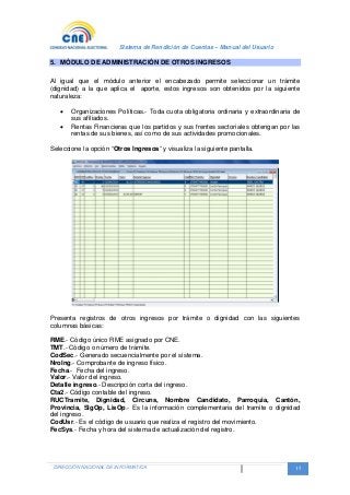 Sistema de Rendición de Cuentas – Manual del Usuario
DIRECCIÓN NACIONAL DE INFORMATICA 15
5. MÓDULO DE ADMINISTRACIÓN DE OTROS INGRESOS
Al igual que el módulo anterior el encabezado permite seleccionar un trámite
(dignidad) a la que aplica el aporte, estos ingresos son obtenidos por la siguiente
naturaleza:
 Organizaciones Políticas.- Toda cuota obligatoria ordinaria y extraordinaria de
sus afiliados.
 Rentas Financieras que los partidos y sus frentes sectoriales obtengan por las
rentas de sus bienes, así como de sus actividades promocionales.
Seleccione la opción “Otros Ingresos” y visualiza la siguiente pantalla.
Presenta registros de otros ingresos por trámite o dignidad con las siguientes
columnas básicas:
RME.- Código único RME asignado por CNE.
TMT.- Código o número de trámite.
CodSec.- Generado secuencialmente por el sistema.
NroIng.- Comprobante de ingreso físico.
Fecha.- Fecha del ingreso.
Valor.- Valor del ingreso.
Detalle ingreso.- Descripción corta del ingreso.
Cta2.- Código contable del ingreso.
RUCTramite, Dignidad, Circuns, Nombre Candidato, Parroquia, Cantón,
Provincia, SigOp, LisOp.- Es la información complementaria del tramite o dignidad
del ingreso.
CodUsr.- Es el código de usuario que realiza el registro del movimiento.
FecSys.- Fecha y hora del sistema de actualización del registro.
 