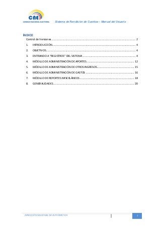 Sistema de Rendición de Cuentas – Manual del Usuario
DIRECCIÓN NACIONAL DE INFORMATICA 3
ÍNDICE
Control de Versiones ................................................................................................................. 2 
1.  INTRODUCCIÓN ................................................................................................................ 4 
2.  OBJETIVOS ........................................................................................................................ 4 
3.  ENTRANDO A “REGISTROS” DEL SISTEMA ....................................................................... 4 
4.  MÓDULO DE ADMINISTRACIÓN DE APORTES ................................................................ 12 
5.  MÓDULO DE ADMINISTRACIÓN DE OTROS INGRESOS .................................................. 15 
6.  MÓDULO DE ADMINISTRACIÓN DE GASTOS ................................................................. 16 
7.  MÓDULO DE REPORTES MISCELÁNEOS ......................................................................... 18 
8.  GENERALIDADES............................................................................................................. 20 
 