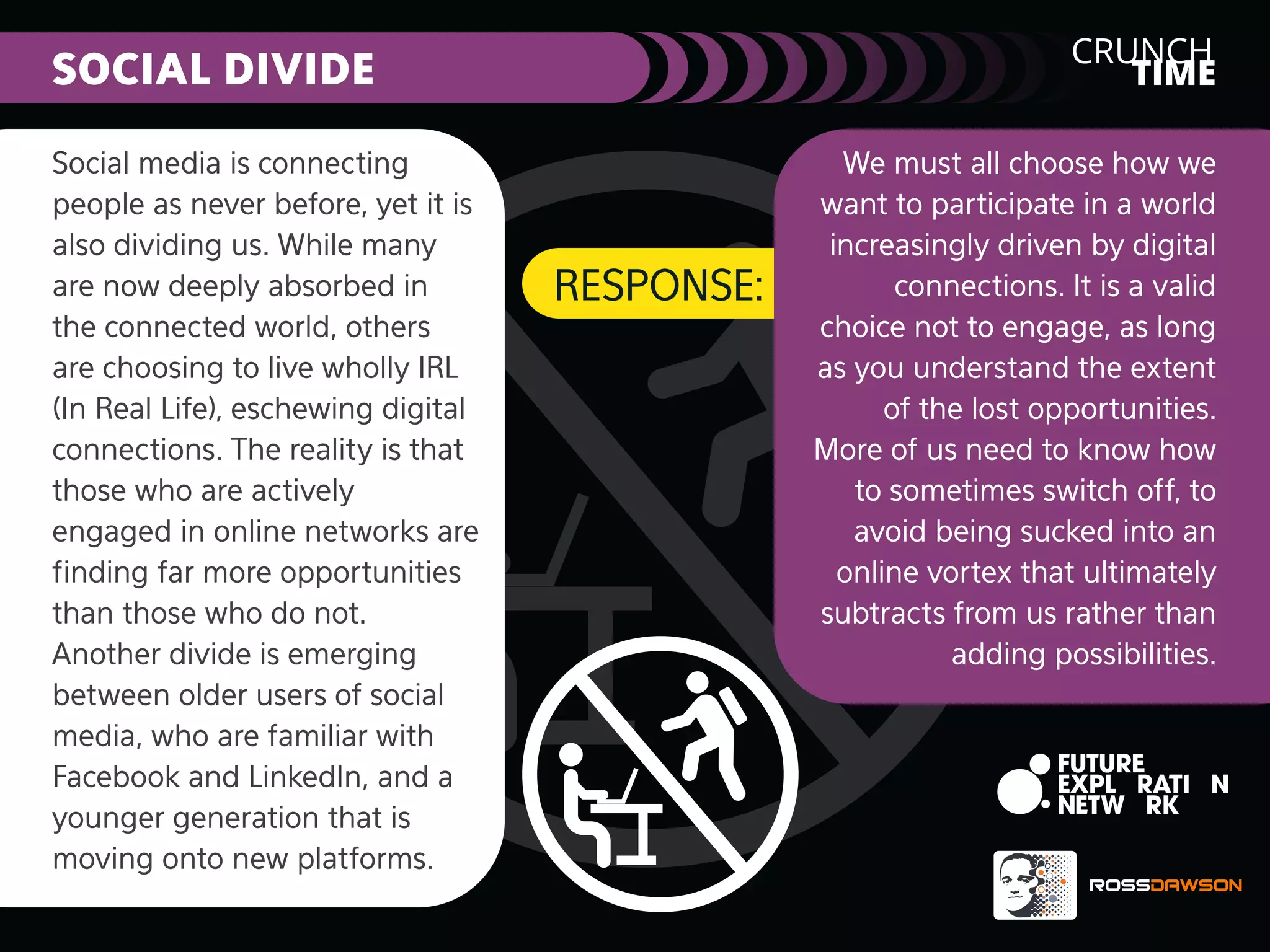 CRUNCH
TIME

SOCIAL DIVIDE
Social media is connecting
people as never before, yet it is
also dividing us. While many
are now deeply absorbed in
the connected world, others
are choosing to live wholly IRL
(In Real Life), eschewing digital
connections. The reality is that
those who are actively
engaged in online networks are
ﬁnding far more opportunities
than those who do not.
Another divide is emerging
between older users of social
media, who are familiar with
Facebook and LinkedIn, and a
younger generation that is
moving onto new platforms.

RESPONSE:

We must all choose how we
want to participate in a world
increasingly driven by digital
connections. It is a valid
choice not to engage, as long
as you understand the extent
of the lost opportunities.
More of us need to know how
to sometimes switch off, to
avoid being sucked into an
online vortex that ultimately
subtracts from us rather than
adding possibilities.

 