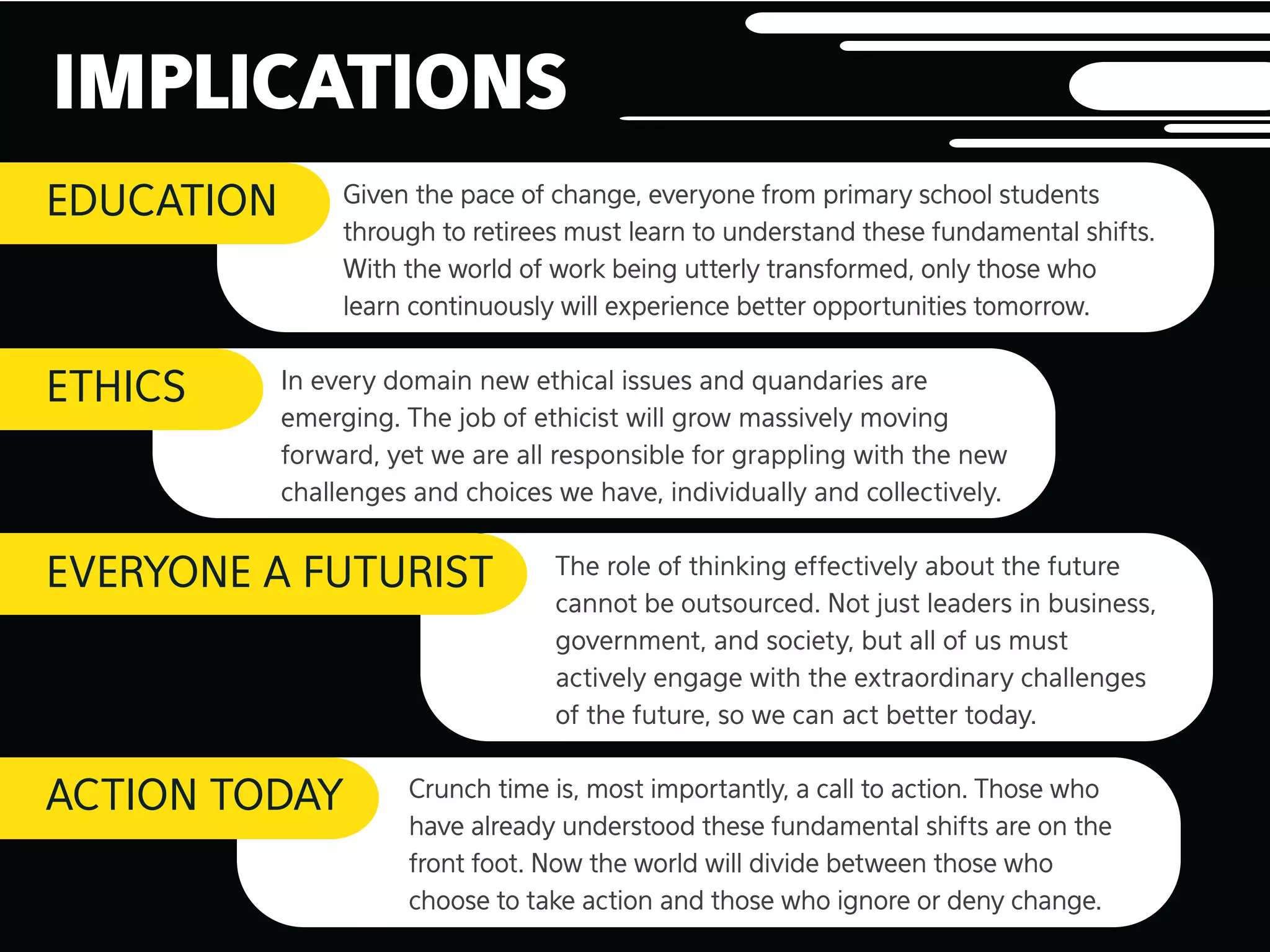 IMPLICATIONS
EDUCATION

ETHICS

Given the pace of change, everyone from primary school students
through to retirees must learn to understand these fundamental shifts.
With the world of work being utterly transformed, only those who
learn continuously will experience better opportunities tomorrow.
In every domain new ethical issues and quandaries are
emerging. The job of ethicist will grow massively moving
forward, yet we are all responsible for grappling with the new
challenges and choices we have, individually and collectively.

EVERYONE A FUTURIST

ACTION TODAY

The role of thinking effectively about the future
cannot be outsourced. Not just leaders in business,
government, and society, but all of us must
actively engage with the extraordinary challenges
of the future, so we can act better today.

Crunch time is, most importantly, a call to action. Those who
have already understood these fundamental shifts are on the
front foot. Now the world will divide between those who
choose to take action and those who ignore or deny change.

 