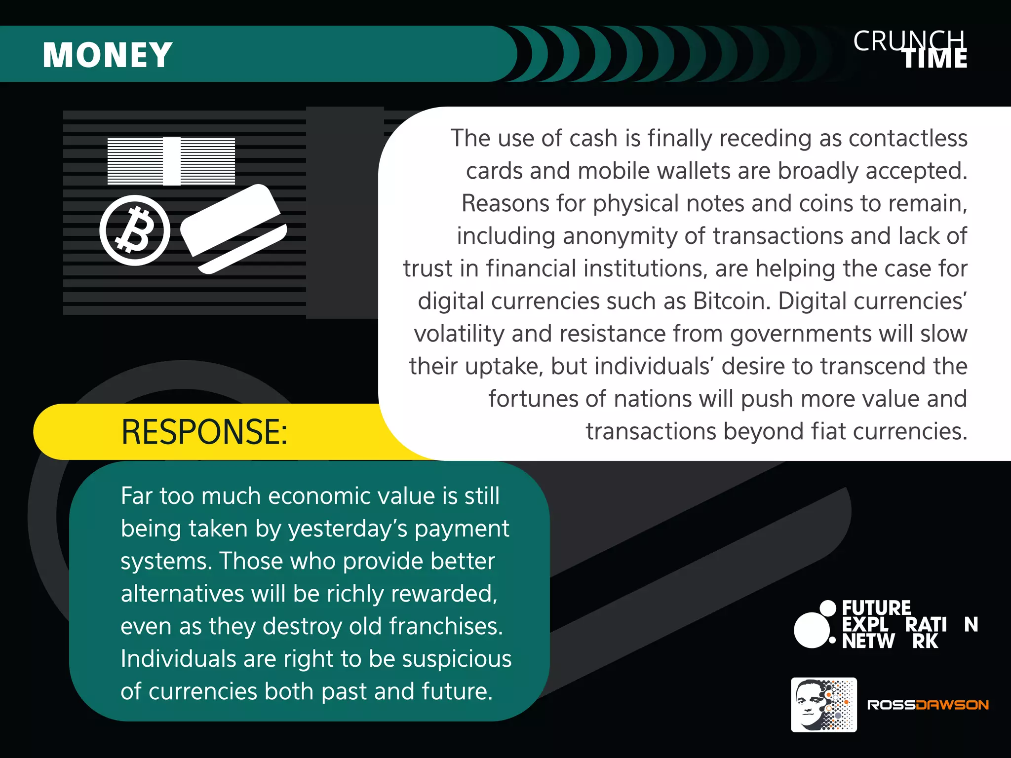 CRUNCH
TIME

MONEY

RESPONSE:

The use of cash is ﬁnally receding as contactless
cards and mobile wallets are broadly accepted.
Reasons for physical notes and coins to remain,
including anonymity of transactions and lack of
trust in ﬁnancial institutions, are helping the case for
digital currencies such as Bitcoin. Digital currencies’
volatility and resistance from governments will slow
their uptake, but individuals’ desire to transcend the
fortunes of nations will push more value and
transactions beyond ﬁat currencies.

Far too much economic value is still
being taken by yesterday’s payment
systems. Those who provide better
alternatives will be richly rewarded,
even as they destroy old franchises.
Individuals are right to be suspicious
of currencies both past and future.

 