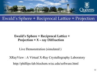 Ewald’s Sphere + Reciprocal Lattice +
Projection = X – ray Diffraction
32
Ewald’s Sphere + Reciprocal Lattice + Projection
Live Demonstration (simulated )
http://phillips-lab.biochem.wisc.edu/software.html
XRayView : A Virtual X-Ray Crystallography Laboratory
 
