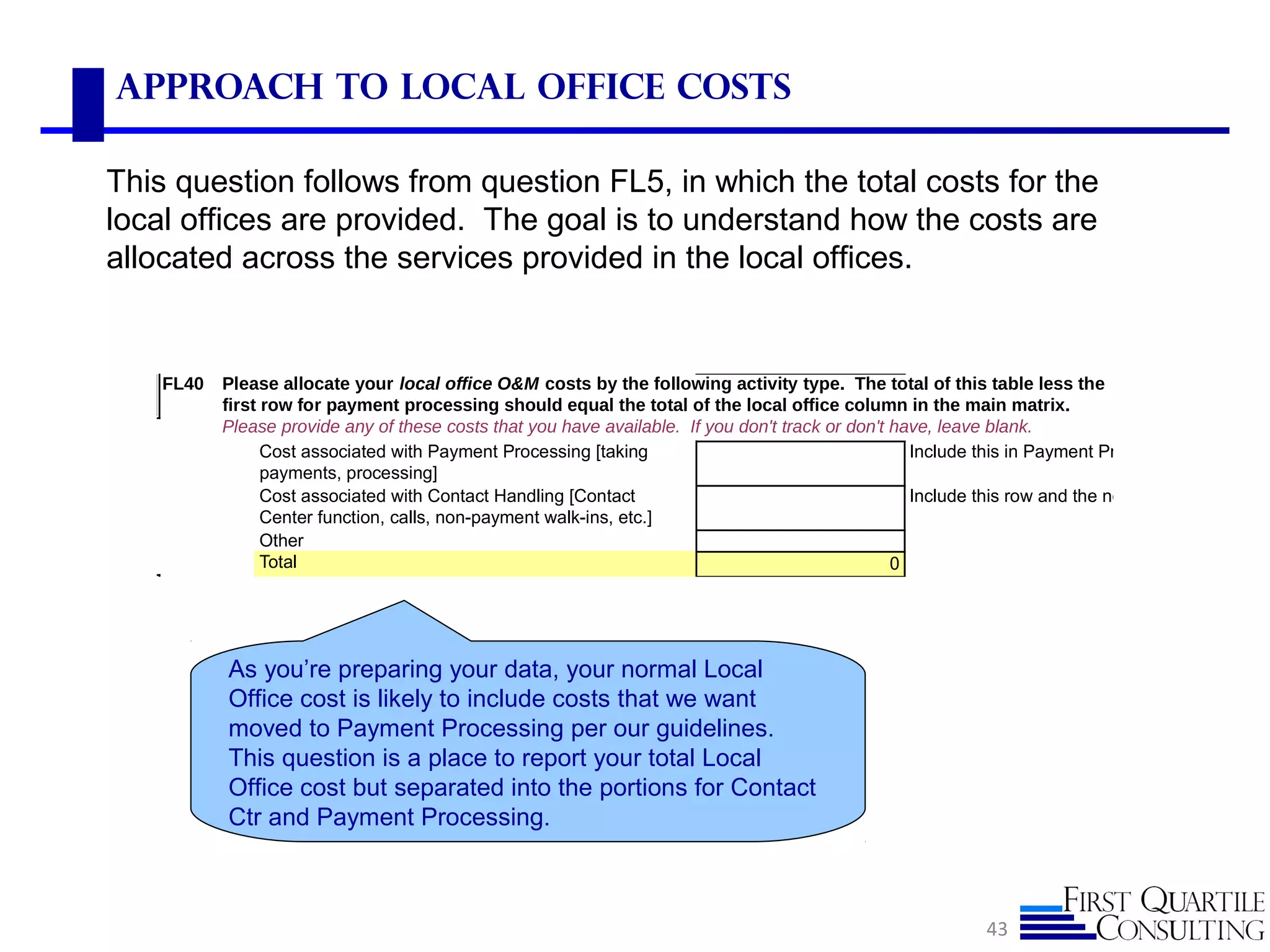 Approach to Local Office Costs
43
This question follows from question FL5, in which the total costs for the
local offices are provided. The goal is to understand how the costs are
allocated across the services provided in the local offices.
As you’re preparing your data, your normal Local
Office cost is likely to include costs that we want
moved to Payment Processing per our guidelines.
This question is a place to report your total Local
Office cost but separated into the portions for Contact
Ctr and Payment Processing.
FL40
Please provide any of these costs that you have available. If you don't track or don't have, leave blank.
Include this in Payment Processing above
Include this row and the next in Local Office ab
Other
Total 0
Cost associated with Contact Handling [Contact
Center function, calls, non-payment walk-ins, etc.]
Cost associated with Payment Processing [taking
payments, processing]
Please allocate your local office O&M costs by the following activity type. The total of this table less the
first row for payment processing should equal the total of the local office column in the main matrix.
 