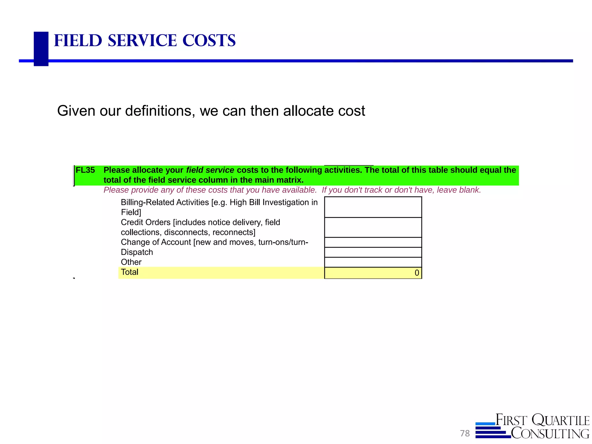 Field Service Costs
Given our definitions, we can then allocate cost
78
FL35
Please provide any of these costs that you have available. If you don't track or don't have, leave blank.
Dispatch
Other
Total 0
Please allocate your field service costs to the following activities. The total of this table should equal the
total of the field service column in the main matrix.
Change of Account [new and moves, turn-ons/turn-
Billing-Related Activities [e.g. High Bill Investigation in
Field]
Credit Orders [includes notice delivery, field
collections, disconnects, reconnects]
 