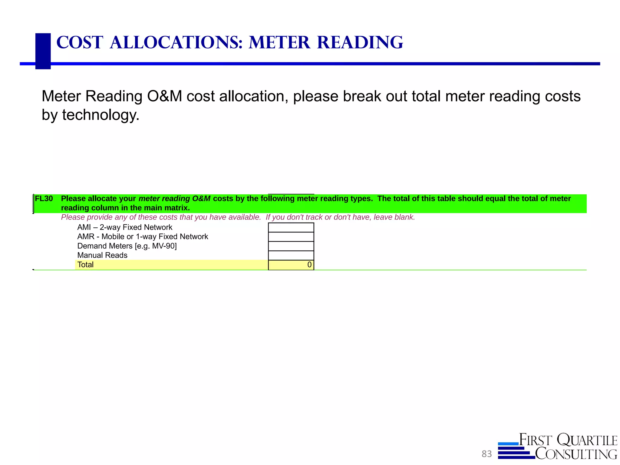 Cost Allocations: Meter Reading
Meter Reading O&M cost allocation, please break out total meter reading costs
by technology.
83
FL30
Please provide any of these costs that you have available. If you don't track or don't have, leave blank.
AMI – 2-way Fixed Network
AMR - Mobile or 1-way Fixed Network
Demand Meters [e.g. MV-90]
Manual Reads
Total 0
Please allocate your meter reading O&M costs by the following meter reading types. The total of this table should equal the total of meter
reading column in the main matrix.
 