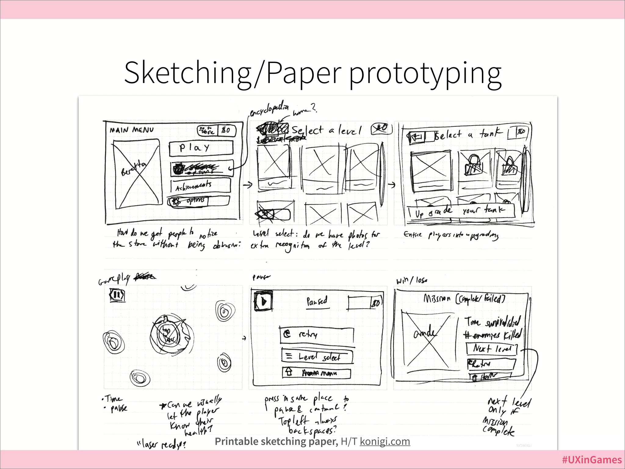 Sketching/Paper prototyping

Printable sketching paper, H/T konigi.com
#UXinGames

 