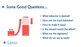Some Good Questions... •What behavior is desired? •How can we track behavior? •How to make it easy? •Is the reward worth the effort? •What are the segments? •What do we say to each?  