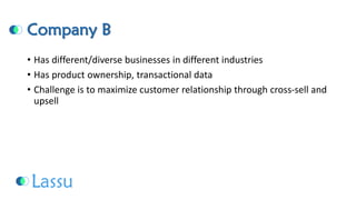Company B 
•Has different/diverse businesses in different industries 
•Has product ownership, transactional data 
•Challenge is to maximize customer relationship through cross-sell and upsell  