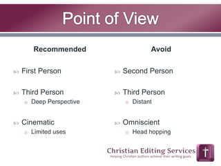 Recommended 
 First Person 
 Third Person 
o Deep Perspective 
 Cinematic 
o Limited uses 
Avoid 
 Second Person 
 Third Person 
o Distant 
 Omniscient 
o Head hopping 
 