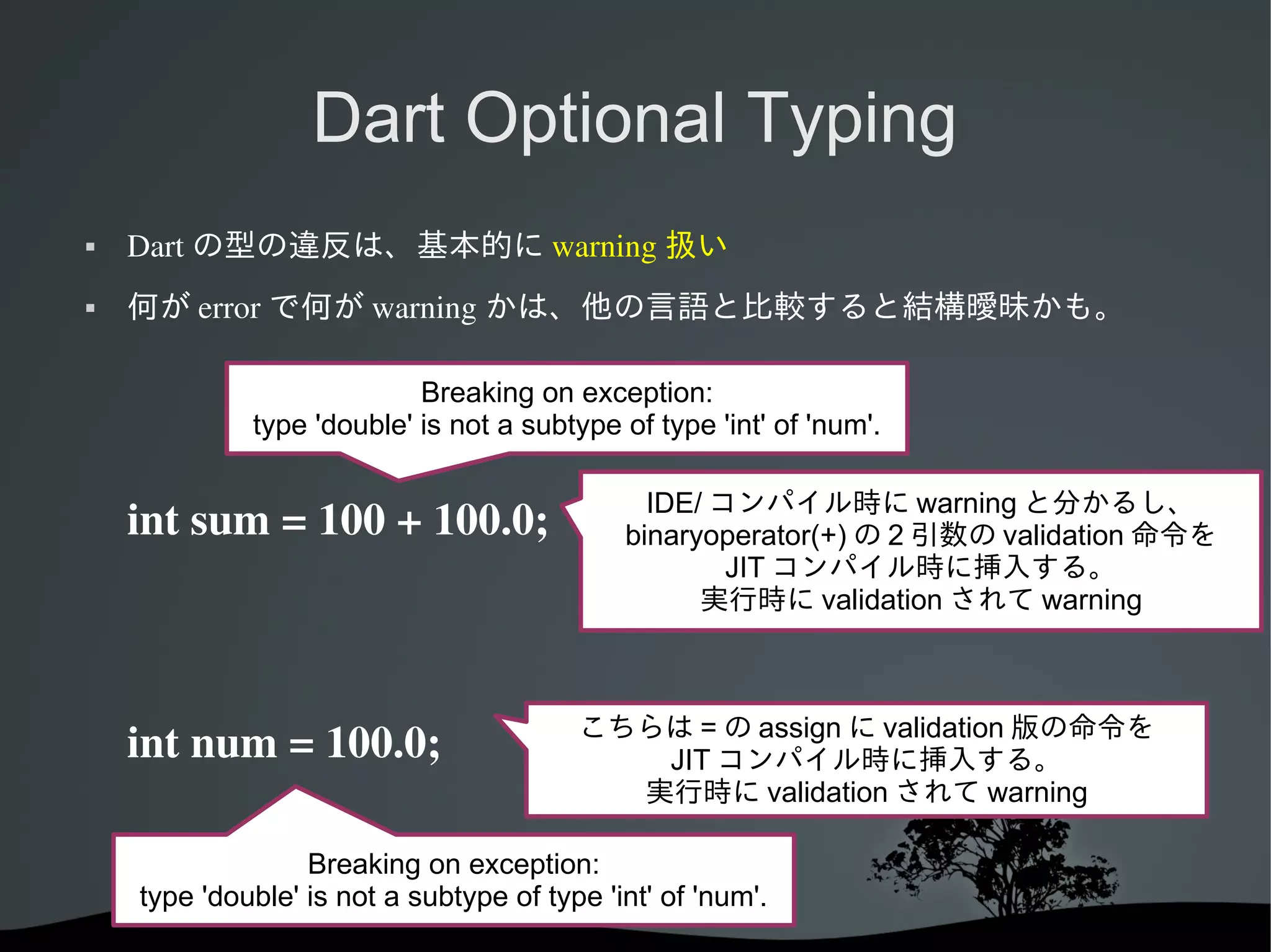Dart Optional Typing


Dart の型の違反は、基本的に warning 扱い



何が error で何が warning かは、他の言語と比較すると結構曖昧かも。
Breaking on exception:
type 'double' is not a subtype of type 'int' of 'num'.

int sum = 100 + 100.0;

int num = 100.0;

IDE/ コンパイル時に warning と分かるし、
binaryoperator(+) の 2 引数の validation 命令を
JIT コンパイル時に挿入する。
実行時に validation されて warning

こちらは = の assign に validation 版の命令を
JIT コンパイル時に挿入する。
実行時に validation されて warning

Breaking on exception:
type 'double' is not a subtype of type 'int' of 'num'.

 