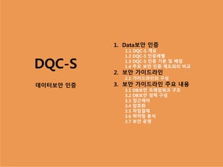 DQC-S 
데이터보안 인증 
1. Data보안 인증 
1.1 DQC-S 개요 
1.2 DQC-S 인증레벨 
1.3 DQC-S 인증 기분 및 배점 
1.4 주요 보안 인증 제도와의 비교 
2. 보안 가이드라인 
2.1 가이드라인의 구성 
3. 보안 가이드라인 주요 내용 
3.1 DB보안 프레임워크 구조 
3.2 DB보안 정책 구성 
3.3 접근제어 
3.4 암호화 
3.5 작업결재 
3.6 취약점 분석 
3.7 보안 운영 
 