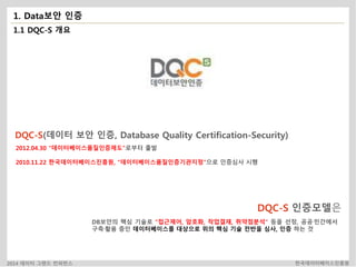 1. Data보안 인증 
1.1 DQC-S 개요 
DQC-S(데이터 보안 인증, Database Quality Certification-Security) 
2012.04.30 “데이터베이스품질인증제도”로부터 출발 
2010.11.22 한국데이터베이스진흥원, “데이터베이스품질인증기관지정”으로 인증심사 시행 
DQC-S 인증모델은 
DB보안의 핵심 기술로 “접근제어, 암호화, 작업결재, 취약점분석” 등을 선정, 공공.민간에서 
구축.활용 중인 데이터베이스를 대상으로 위의 핵심 기술 전반을 심사, 인증 하는 것 
2014 데이터 그랜드 컨퍼런스 한국데이터베이스진흥원 
 