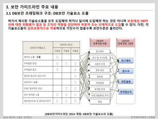 3. 보안 가이드라인 주요 내용 
3.1 DB보안 프레임워크 구조: DB보안 기술요소 도출 
여기서 제시된 기술요소들을 모두 도입해야 하거나 일시에 도입해야 하는 것은 아니며 보호대상 DB자 
산에 대한 위험평가 결과 및 조직의 역량을 감안하여 부분적 또는 단계적으로 도입할 수 있다. 다만, 각 
기술요소들이 상호보완적으로 작용하므로 가짓수가 많을수록 보안수준은 올라간다. 
[DB보안가이드라인 2014 개정: DB보안 기술요소의 도출] 
2014 데이터 그랜드 컨퍼런스 한국데이터베이스진흥원 
 