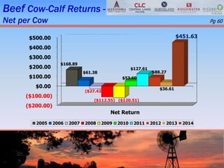 Beef Cow-Calf Returns -
Net per Cow
($200.00)
($100.00)
$0.00
$100.00
$200.00
$300.00
$400.00
$500.00
Net Return
$168.89
$61.38
($27.42)
($112.55) ($120.51)
$53.60
$127.61
$88.27
$36.61
$451.63
2005 2006 2007 2008 2009 2010 2011 2012 2013 2014
Pg 60
 