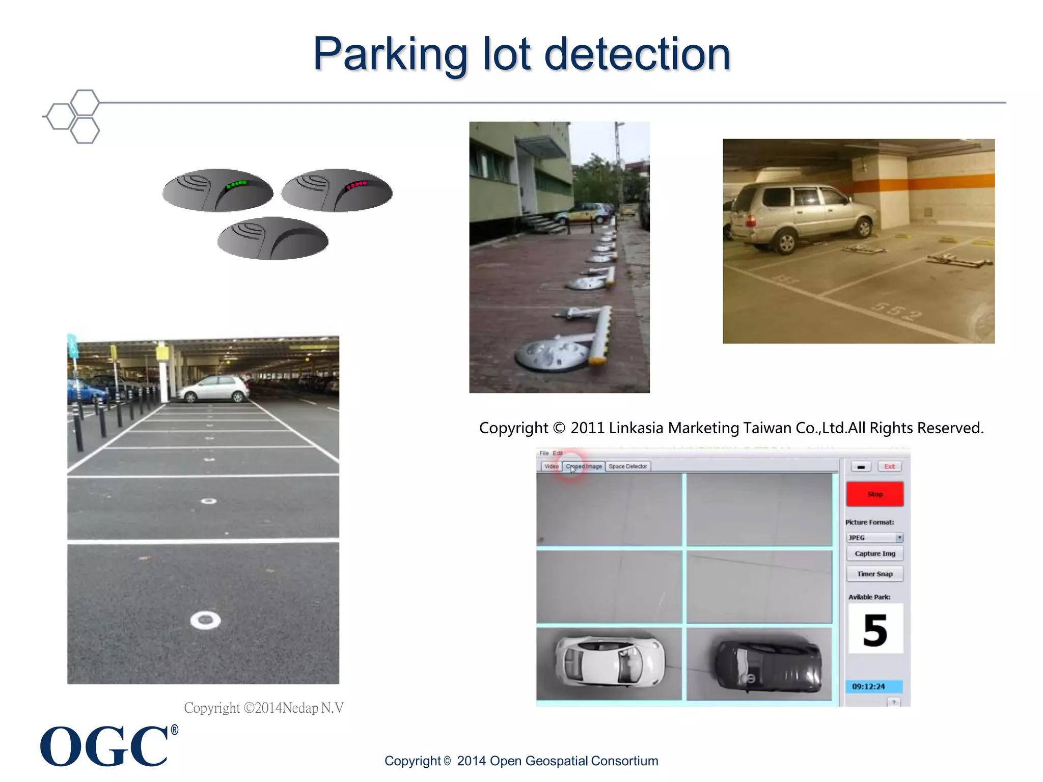 OGC
®
Parking lot detection
Copyright © 2014 Open Geospatial Consortium
Copyright © 2011 Linkasia Marketing Taiwan Co.,Ltd.All Rights Reserved.
Copyright ©2014Nedap N.V
 