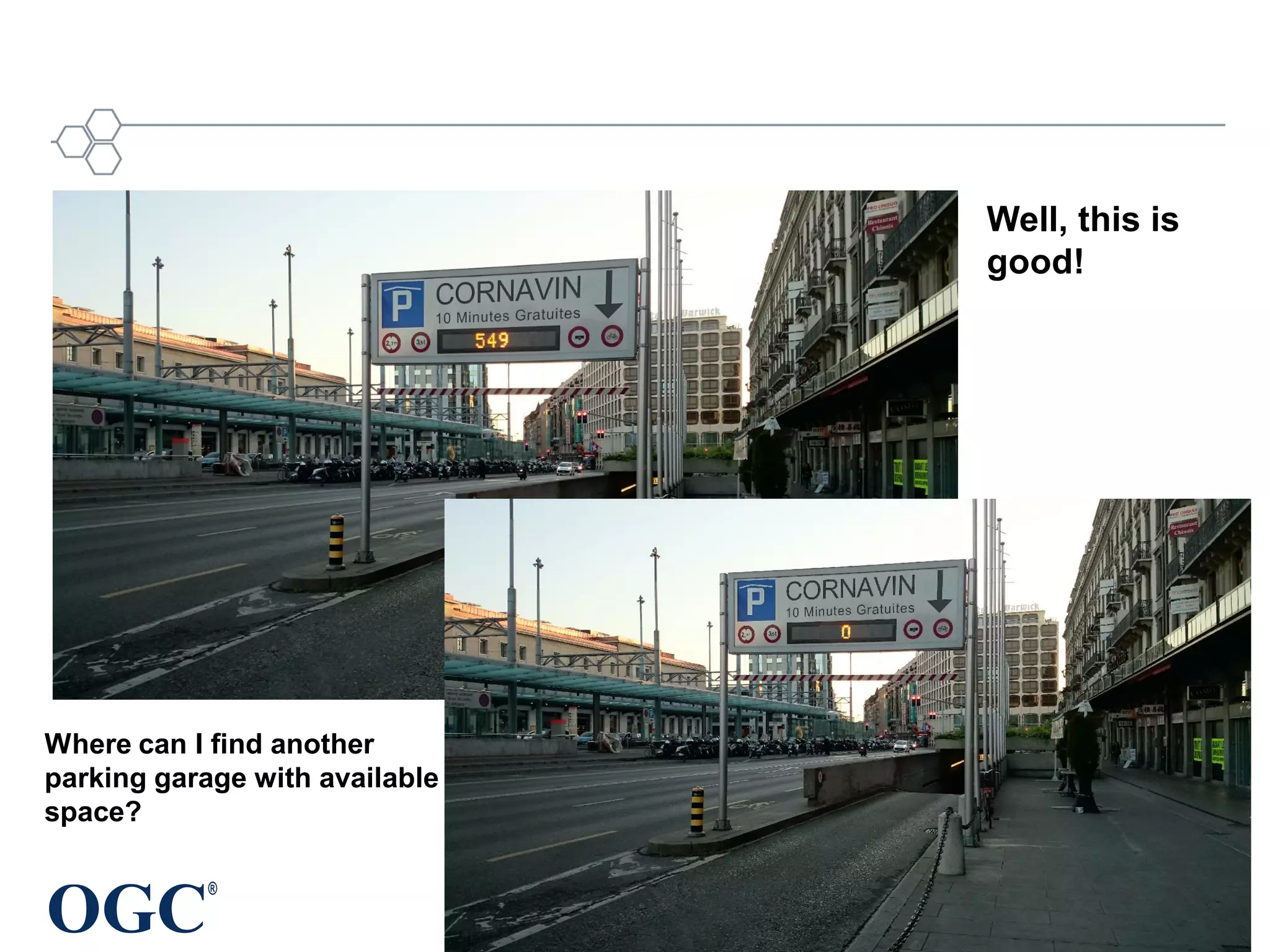 OGC
®
Copyright © 2014 Open Geospatial Consortium
Well, this is
good!
Where can I find another
parking garage with available
space?
 