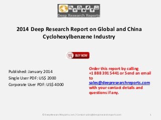 2014 Deep Research Report on Global and China
Cyclohexylbenzene Industry

Published: January 2014
Single User PDF: US$ 2000
Corporate User PDF: US$ 4000

Order this report by calling
+1 888 391 5441 or Send an email
to
sales@deepresearchreports.com
with your contact details and
questions if any.

© DeepResearchReports.com / Contact sales@deepresearchreports.com

1

 