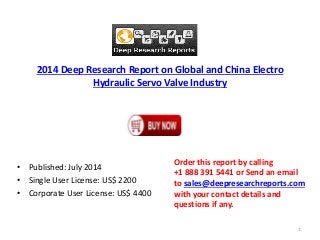 2014 Deep Research Report on Global and China Electro
Hydraulic Servo Valve Industry
• Published: July 2014
• Single User License: US$ 2200
• Corporate User License: US$ 4400
Order this report by calling
+1 888 391 5441 or Send an email
to sales@deepresearchreports.com
with your contact details and
questions if any.
1
 