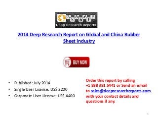 2014 Deep Research Report on Global and China Rubber
Sheet Industry
• Published: July 2014
• Single User License: US$ 2200
• Corporate User License: US$ 4400
Order this report by calling
+1 888 391 5441 or Send an email
to sales@deepresearchreports.com
with your contact details and
questions if any.
1
 