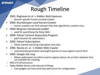 Rough Timeline 
• 2001: Raghavan et al -> Hidden Web Exposure 
– domain specific human assisted crawler 
• 2002: Stumbleupon used Human Crawler 
– human crawlers can find relevant links that algorithmic crawlers miss. 
• 2003: Bergman introduced LexiBot 
– used for quantifying the Deep Web 
• 2004: Yahoo! Content Acquisition Program 
– paid inclusion for webmasters 
• 2005: Yahoo! Subscriptions 
– Yahoo started searching subcription only sites 
• 2005: Noulas et. al. -> Hidden Web Crawler 
– automatically generated meaningful queries to issue against search form 
• 2005: Google site map 
– Allows webmasters to inform search engines about urls on their websites that 
are available for crawling. 
– Web 2.0 infrastructure 
– Today Mobile device and Internet of things 
– each gadget can have (and has) web server for configuration 
 