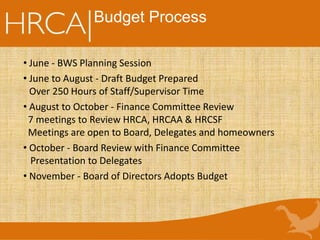 Budget Process
• June - BWS Planning Session
• June to August - Draft Budget Prepared
Over 250 Hours of Staff/Supervisor Time
• August to October - Finance Committee Review
7 meetings to Review HRCA, HRCAA & HRCSF
Meetings are open to Board, Delegates and homeowners
• October - Board Review with Finance Committee
Presentation to Delegates
• November - Board of Directors Adopts Budget
 