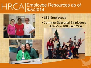 Employee Resources as of
6/5/2014
• 856 Employees
• Summer Seasonal Employees
Hire 75 – 100 Each Year
 