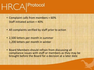 Protocol
• Complaint calls from members = 60%
Staff initiated action = 40%
• All complaints verified by staff prior to action
• 2,500 letters per month in summer
1,200 letters per month in winter
• Board Members should refrain from discussing all
compliance issues with staff or members as they may be
brought before the Board for a decision at a later date
 