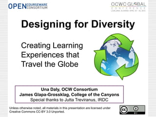 Designing for Diversity
Creating Learning
Experiences that
Travel the Globe
Una Daly, OCW Consortium
James Glapa-Grossklag, College of the Canyons
Special thanks to Jutta Treviranus, IRDC
Unless otherwise noted, all materials in this presentation are licensed under
Creative Commons CC-BY 3.0 Unported.
 
