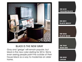 BLACK IS THE NEW GRAY
Gray and "greige" will remain popular, but
black is the new color darling for 2014. We're
even seeing people paint the outside of their
house black as a way to modernize an older
home.
 