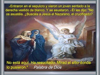5 Entraron en el sepulcro y vieron un joven sentado a la 
derecha vestido de blanco. Y se asustaron. 6 Él les dijo: "No 
os asustéis. ¿Buscáis a Jesús el Nazareno, el crucificado? 
No está aquí. Ha resucitado. Mirad el sitio donde 
lo pusieron." Palabra de Dios 
 