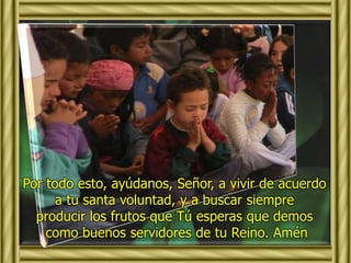 Por todo esto, ayúdanos, Señor, a vivir de acuerdo 
a tu santa voluntad, y a buscar siempre 
producir los frutos que Tú esperas que demos 
como buenos servidores de tu Reino. Amén 
 