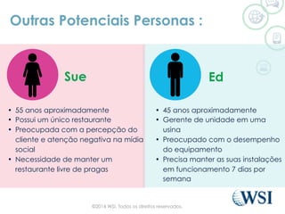 Outras Potenciais Personas :
•  45 anos aproximadamente
•  Gerente de unidade em uma
usina
•  Preocupado com o desempenho
do equipamento
•  Precisa manter as suas instalações
em funcionamento 7 dias por
semana
•  55 anos aproximadamente
•  Possui um único restaurante
•  Preocupada com a percepção do
cliente e atenção negativa na mídia
social
•  Necessidade de manter um
restaurante livre de pragas
EdSue
©2014 WSI. Todos os direitos reservados.
 