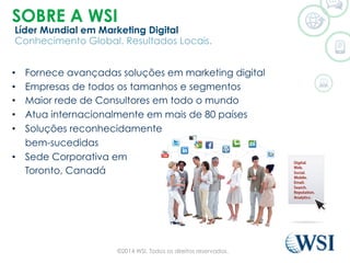 SOBRE A WSI
Líder Mundial em Marketing Digital
Conhecimento Global. Resultados Locais.
•  Fornece avançadas soluções em marketing digital
•  Empresas de todos os tamanhos e segmentos
•  Maior rede de Consultores em todo o mundo
•  Atua internacionalmente em mais de 80 países
•  Soluções reconhecidamente
bem-sucedidas
•  Sede Corporativa em
Toronto, Canadá
©2014 WSI. Todos os direitos reservados.
 